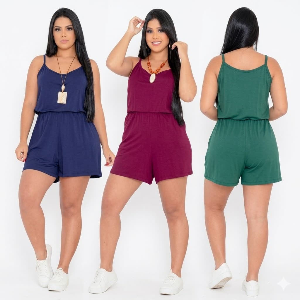 Macaquinho moda feminina curto alcinha soltinho confortável bolso elástico na cintura casual estiloso básico leve