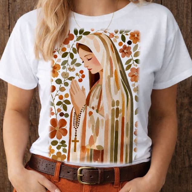 BLUSA CAMISETA SANTA VIRGEM MARIA TERÇO ESTAMPA GRANDE, blusinha moda católica t shirt cristã missa Nossa senhora