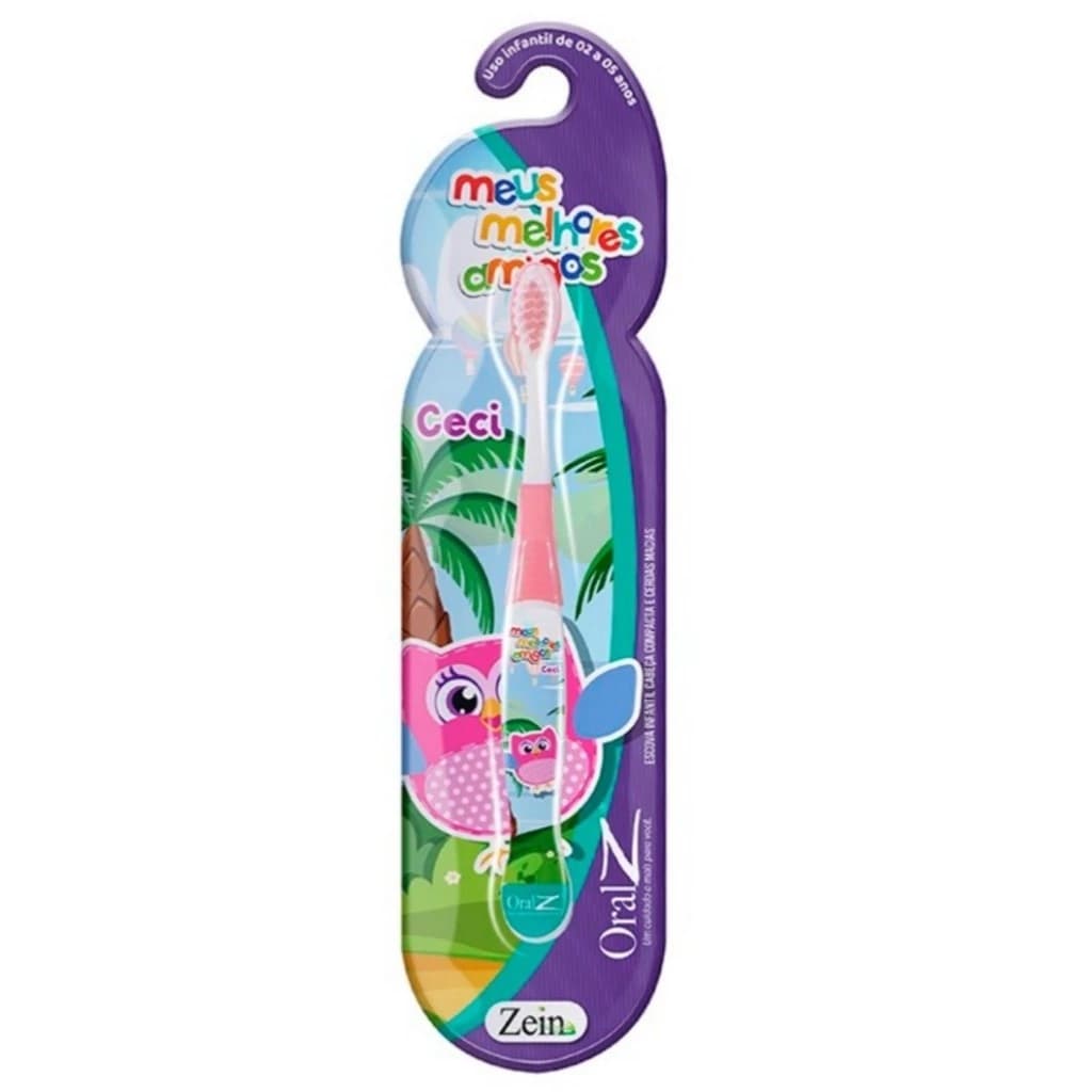 Kit 2 Escovas De Dentes Rosa Macia Infantil Criança Coruja