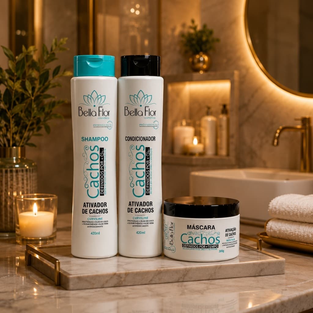 Kit Capilar Cachos Definidos 3 Produtos Shampoo Condicionador Máscara Bella Flor Definição Anti-Frizz Profissional
