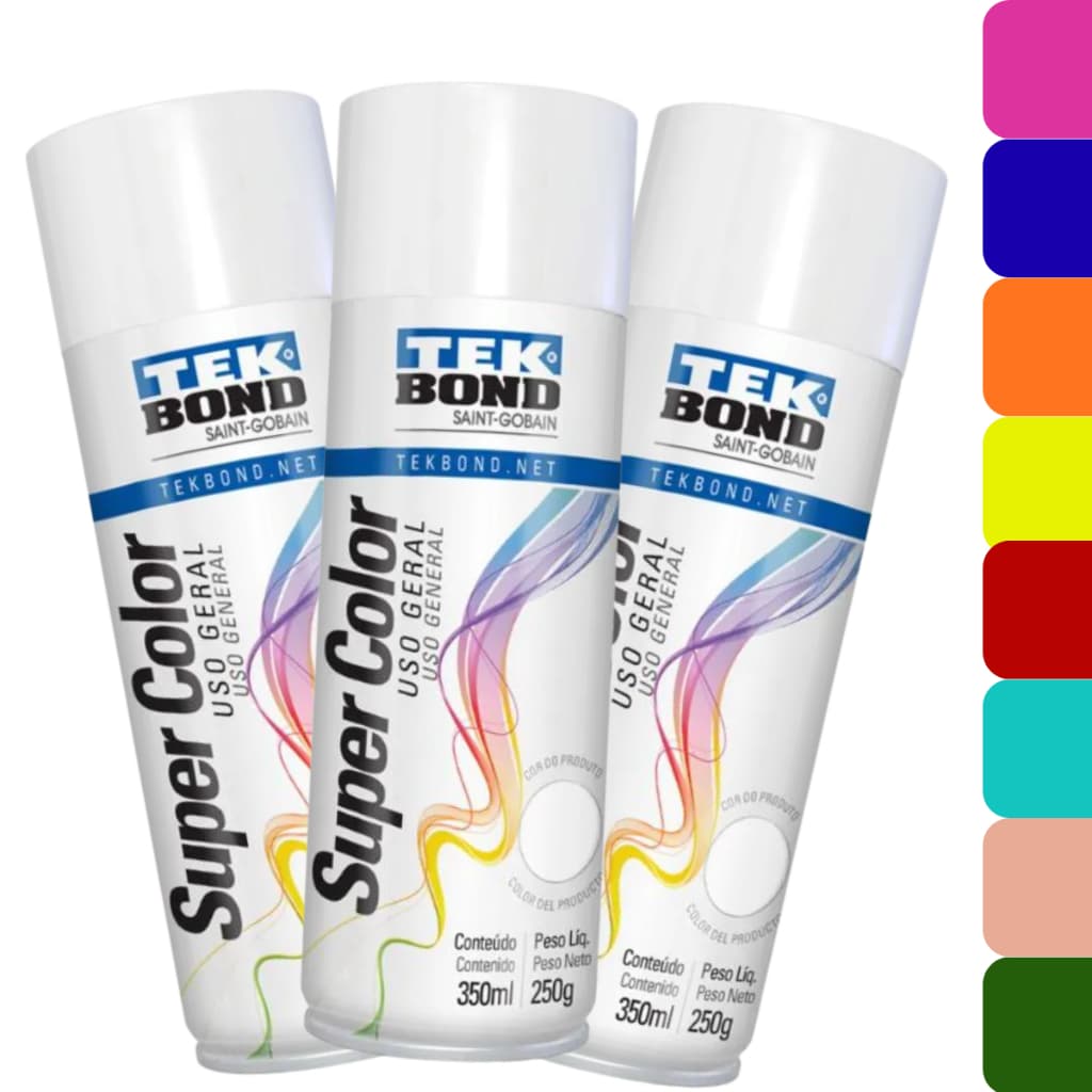 Kit 3 Tinta Spray Tekbond Super Color Uso Geral 350ml Alta Cobertura e Secagem Rápida