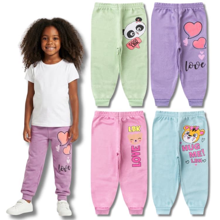 Kit Sortido 3 Calças Moletom Feminina/Menina Estampada Infantil e Juvenil do 2 ao 14