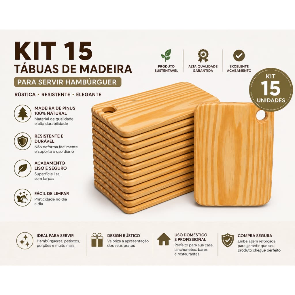 Kit 15 Tábuas de Madeira Hambúrguer e Sanduíche Alta Qualidade e Acabamento
