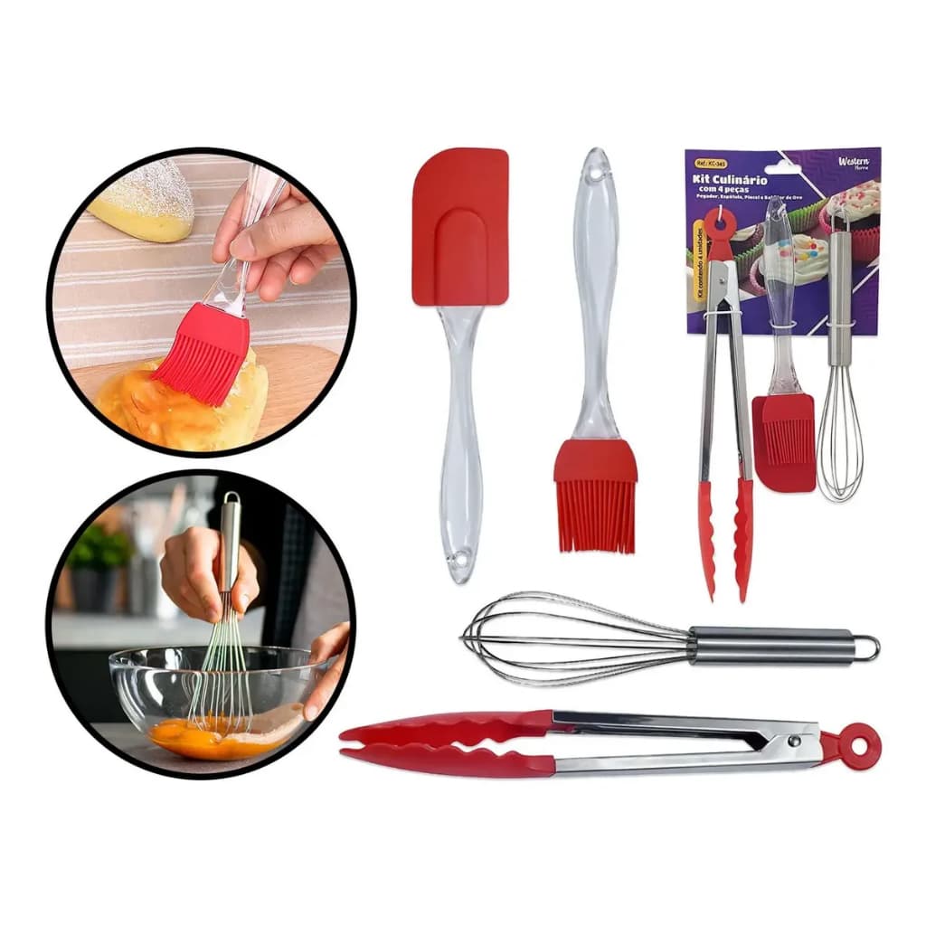 Kit Utensílios de Cozinha Silicone 4 Peças Pegador Espátula Pincel Batedor Culinário Premium