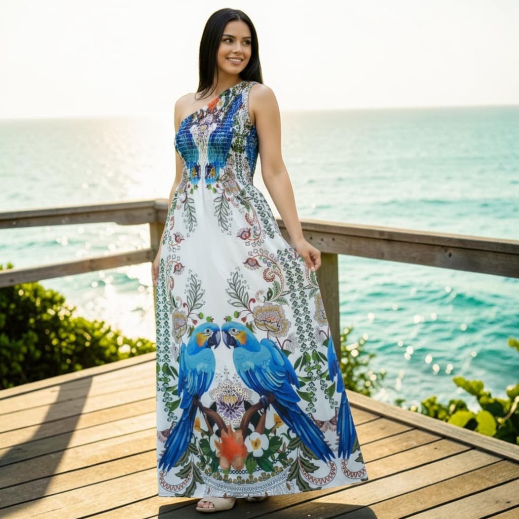 Vestido Longo Mula Manca Estampa Arara Estilo Fazenda Tropical Praia E Resort