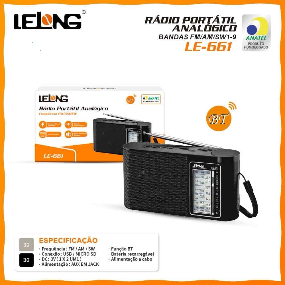 Rádio Portátil Bluetooth LE-661 FM AM SW Caixa de Som USB Micro SD Recarregável