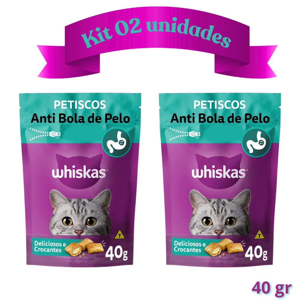 PETISCO WHISKAS TEMPTATIONS ANTI BOLA DE PELO GATOS 40G KIT 02 UN
