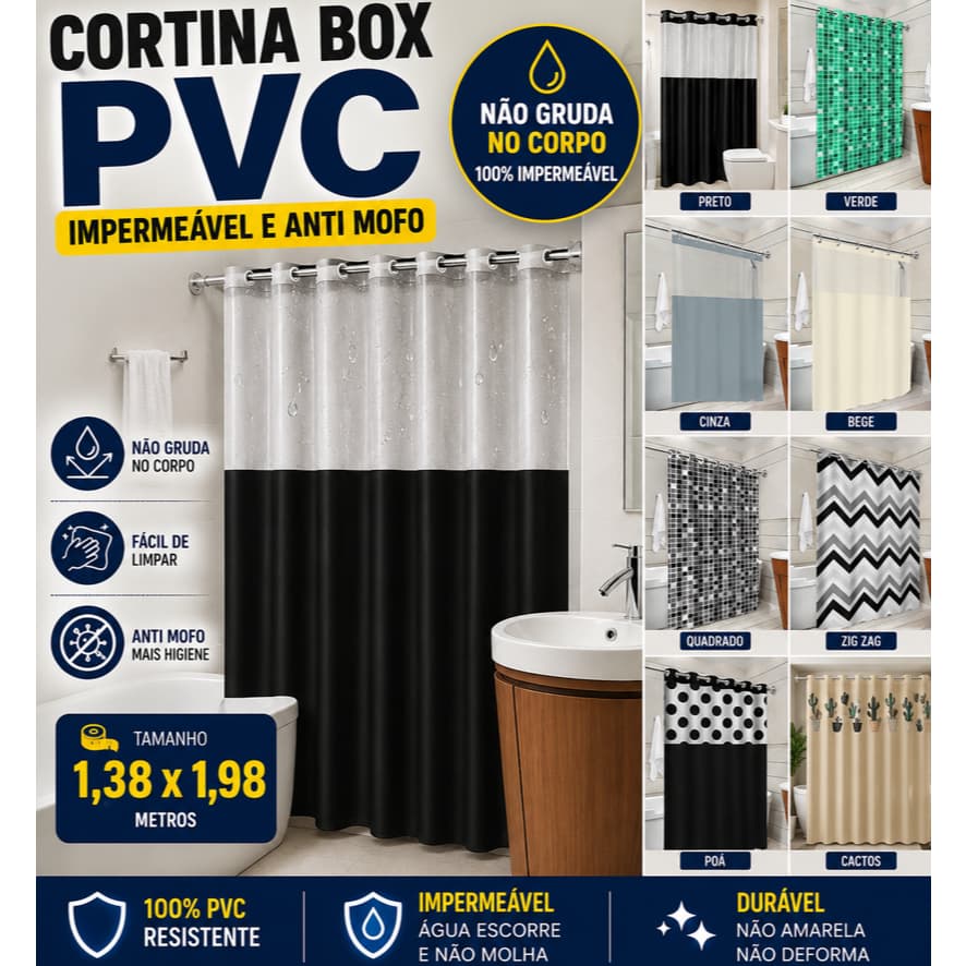 Cortina Box Banheiro diversas cores PVC Impermeável Com Ilhós Anti Mofo Lavável