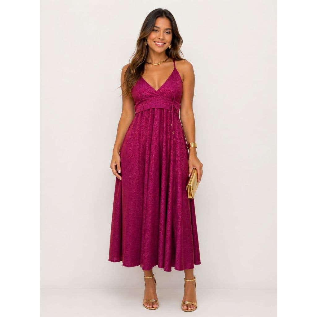 vestido longo- midi feminino elegante com amarração na cintura tecido trabalhado malha anabele