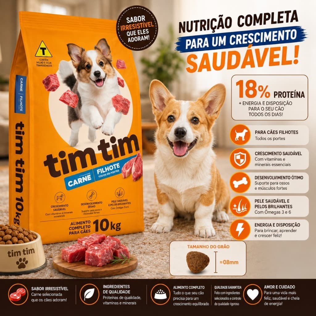 Ração Para Cachorro Filhote 10kg Tim Tim Dog Premium Sabor Carne 28% Proteína
