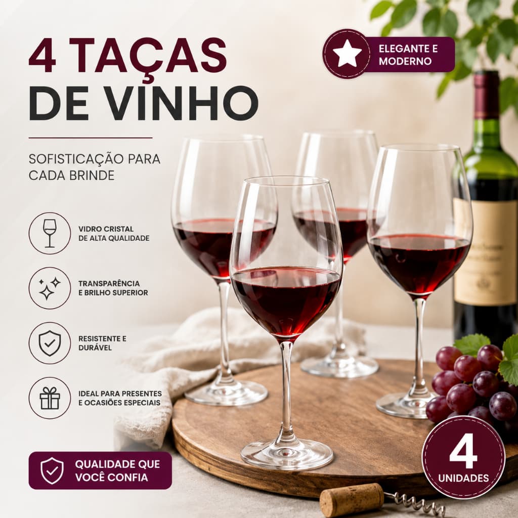 Jogo 04 Taças Vidro De Vinho Agua 350 Ml Cor Transparente