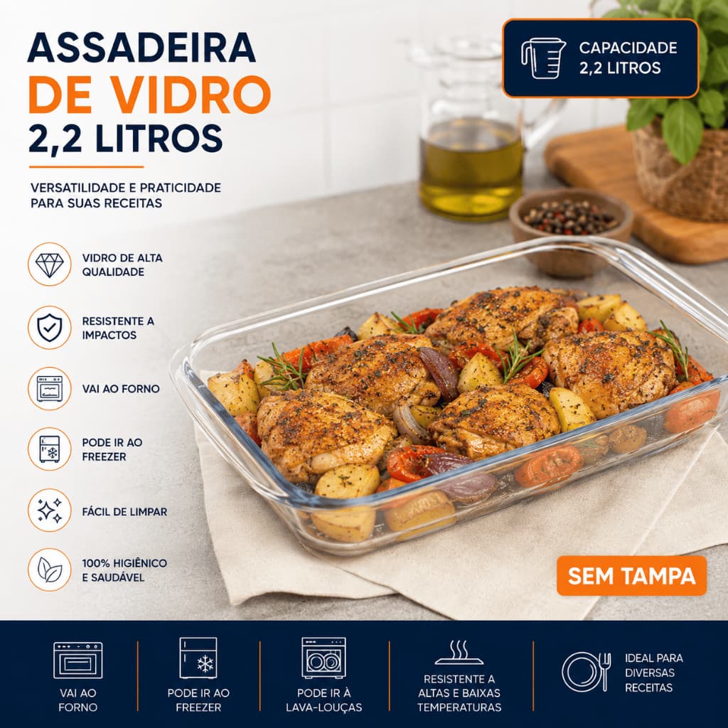 Assadeira Retangular Vidro Temperado 2,2l Refratário Marinex