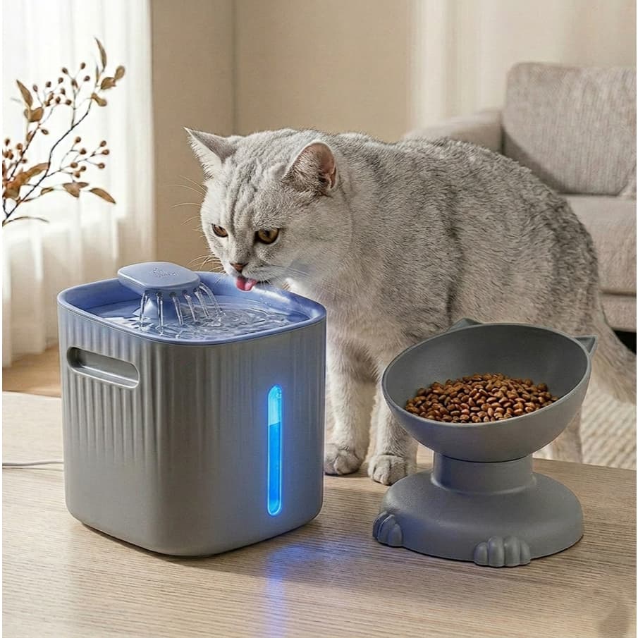 KIT HIDRATAÇÃO PLUS LUME – Fonte Silenciosa com Filtro e Comedouro Acoplado para Gatos  – Funcionamento Silencioso e USB