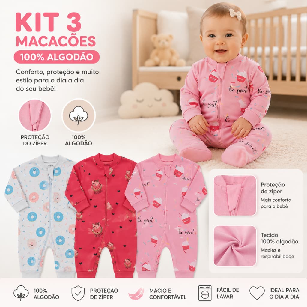 Kit 03 Macacões Bebê outono inverno 100% algodão Menino ou Menina Estampas variadas