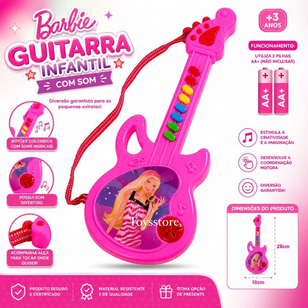 Guitarra Infantil Musical Com som Barbie Rosa