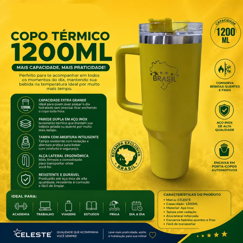 COPO TÉRMICO 1200 ML COM ALÇA E CANUDO.  NAS CORES VERDE, AMARELO E AZUL.