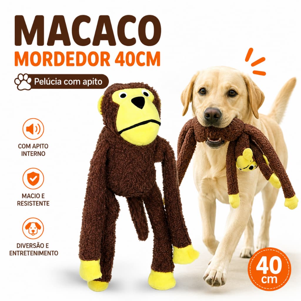 Brinquedo Cachorro Pelúcia Macaco Mordedor 40cm Com Apito Pet