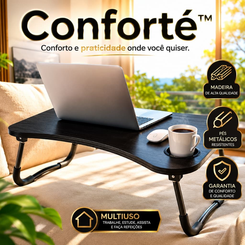 Mesa Para Notebook Dobrável Multiuso Portátil Preta Home Office Sofá Cama Madeira Metal Conforté™
