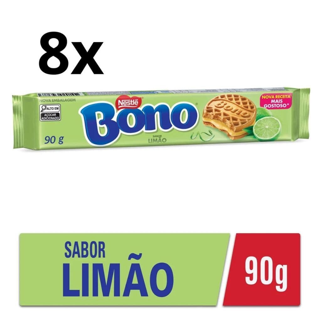 Kit com 8 Biscoito Recheado Sabor Limão Bono 90g cada pacote