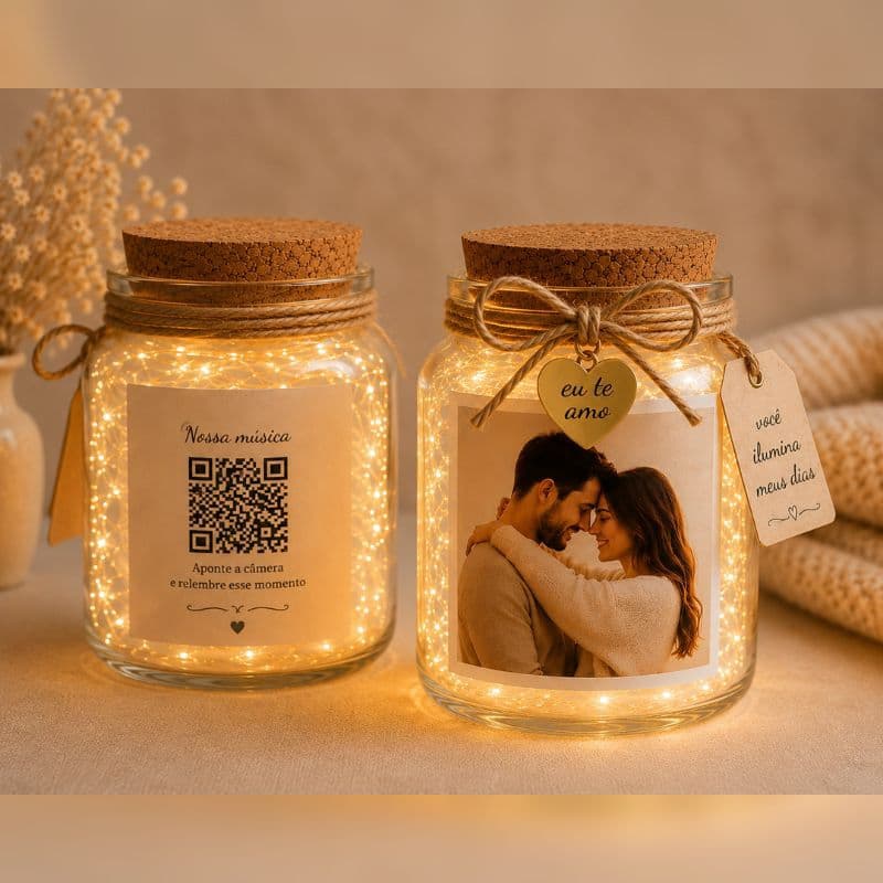 Pote de Vidro Luminária Personalizado com Foto | Lembranças afetivas Casal Pet Dia dos Pais Família
