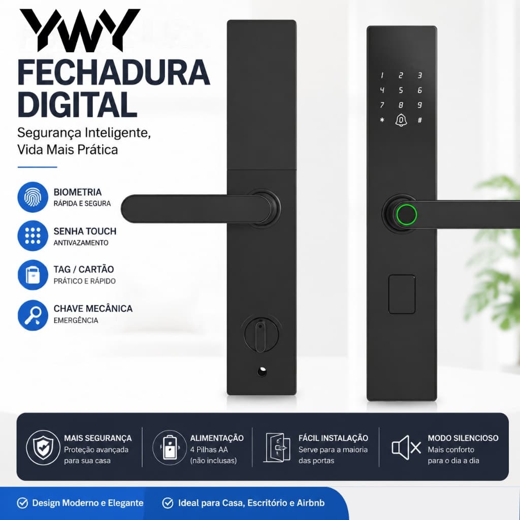 Fechadura Digital D204 5 em 1 – Biometria, Senha Touch, Cartão IC, Tag e Chave Mecânica M15