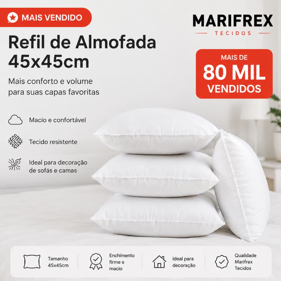 Kit 4 Enchimento Refil Almofada 45x45 Fibra Siliconada Cheia Macia Decorativa
