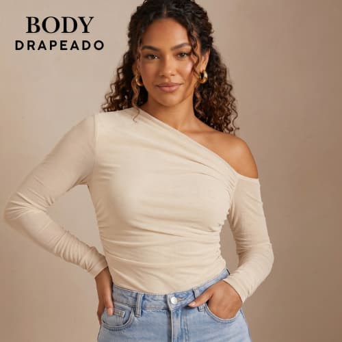 Body Manga Longa Feminina Manga Comprida Assimétrica Enrugada Elegante Casual Premium