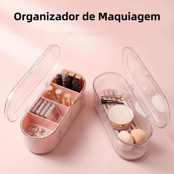 Organizador de Maquiagem Transparente Com Tampa e Divisórias para Cosméticos e Joias
