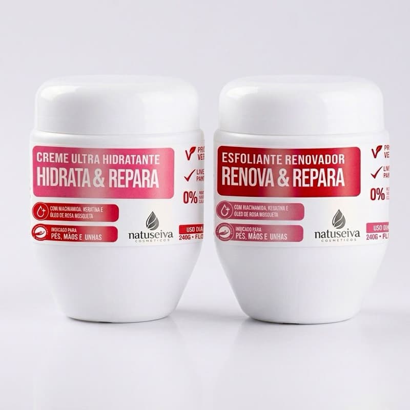 Kit Hidratação e Renovação Natuseiva: Creme Ultra Hidratante, Esfoliante Reparador Pés, Mãos e Unhas
