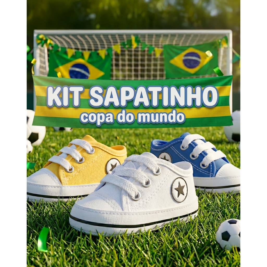 KIT Sapatinho Bebê Recém Nascido Copa do Mundo Futebol Brasil Antialérgico Confortável