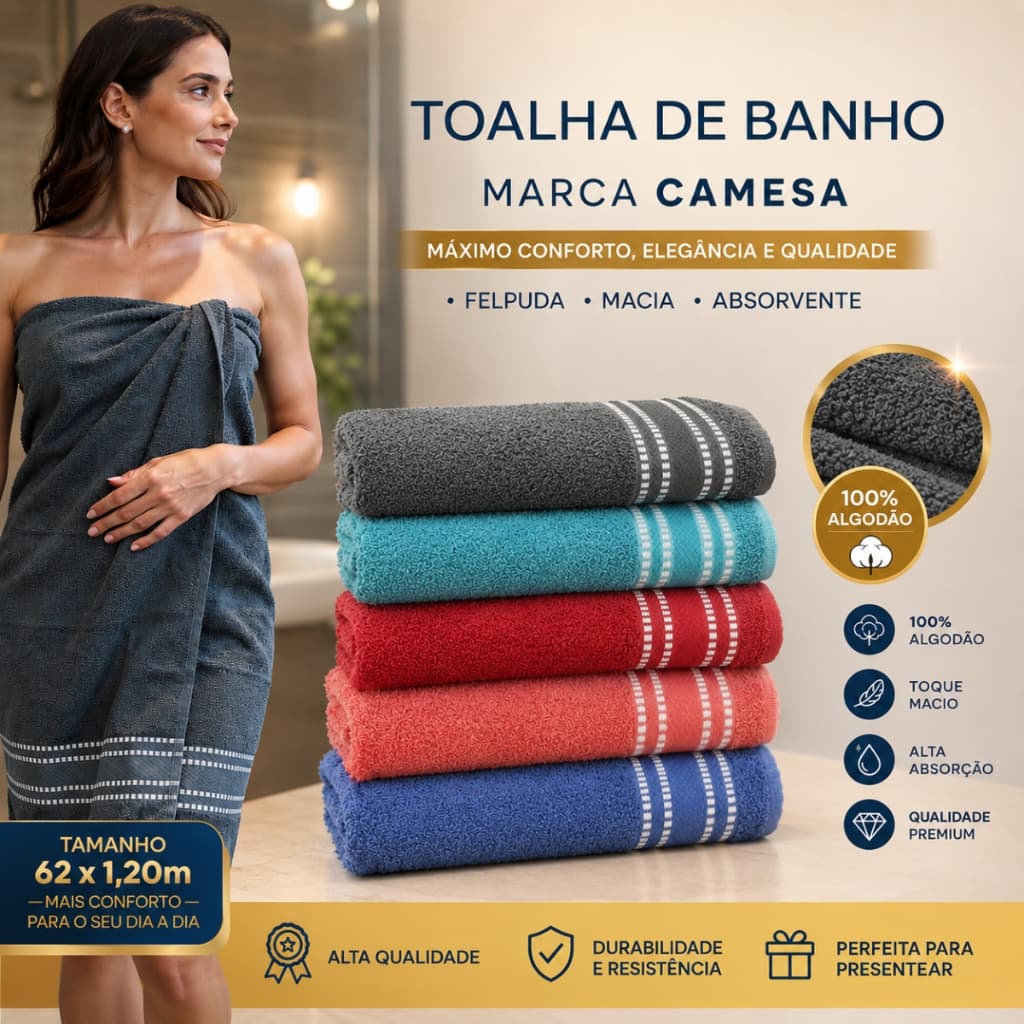 Toalha De Banho Luxo Marca Camesa - 62x1,20m - Felpuda - Macia - 100% Algodão - Alta Qualidade