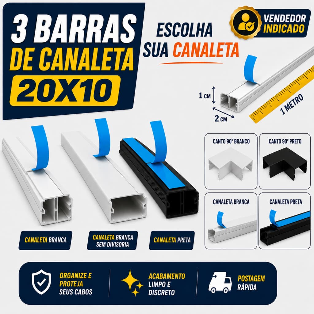 3 Metros Canaleta Organizador de Fios Preta ou Branca 20x10mm Sistema X Com Fita Adesiva e Divisoria