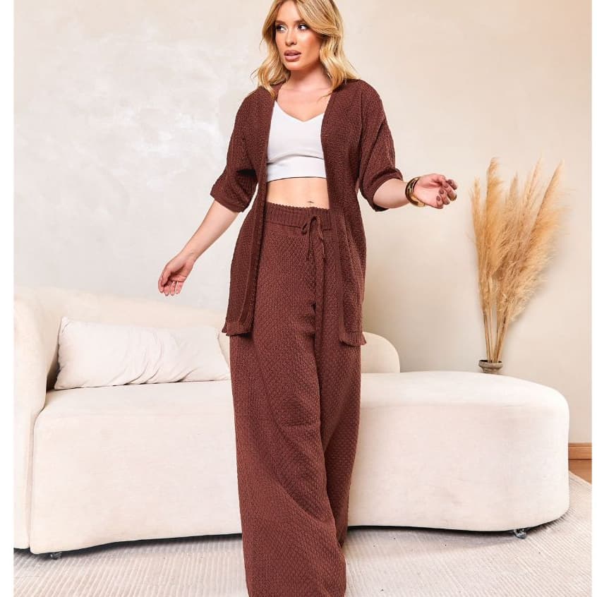Conjunto Tricot Feminino Cardigan Kimono Manga 3/4 Calça Pantalona Roupa Feminina Inverno Feminino