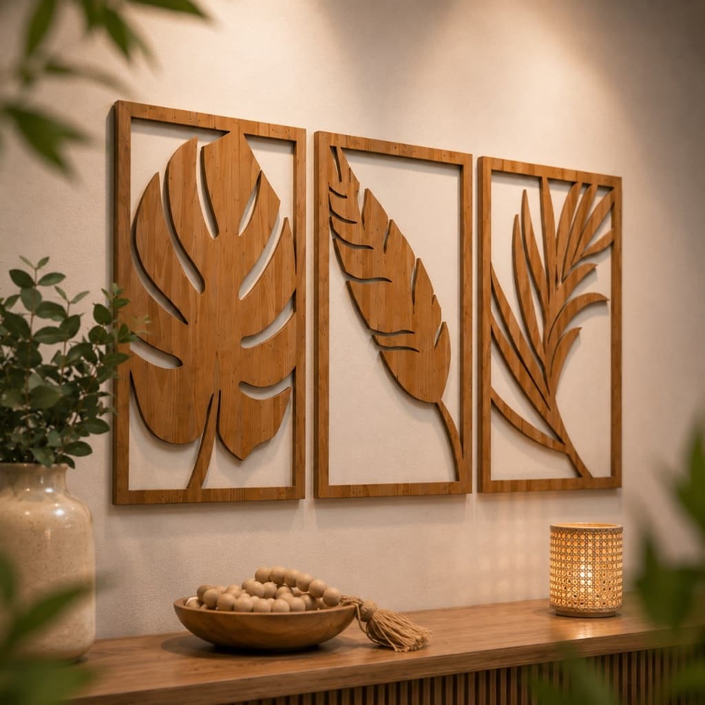 Trio Quadros Decorativos Folhas em MDF 3mm - 90x40cm