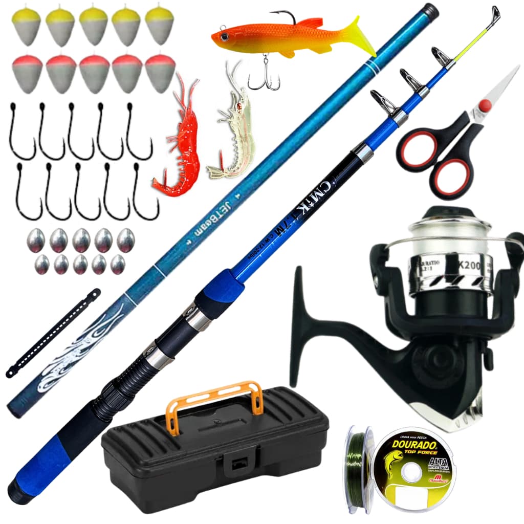 Molinete com Vara de Pesca Telescopica Vara Mão 5,40 Linha 0,30mm Isca Artificial Pescar Tilapia Kit
