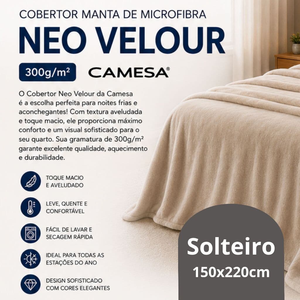 Manta Solteiro Microfibra Neo Velour 300g/m² 1,50x2,20m Coberta Camesa