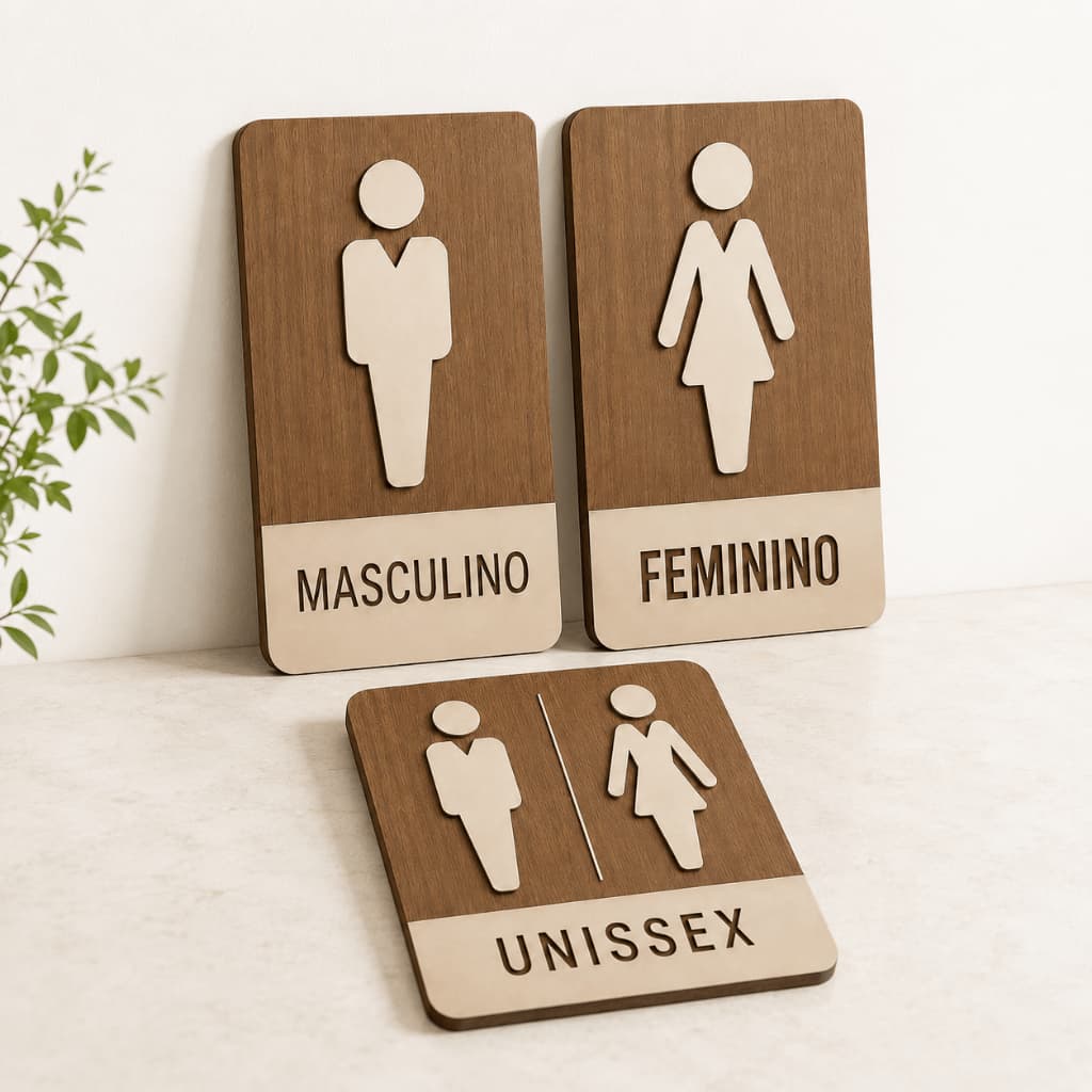 Kit Placa Sinalização Banheiro Masculino Feminino Unissex MDF Premium para Porta