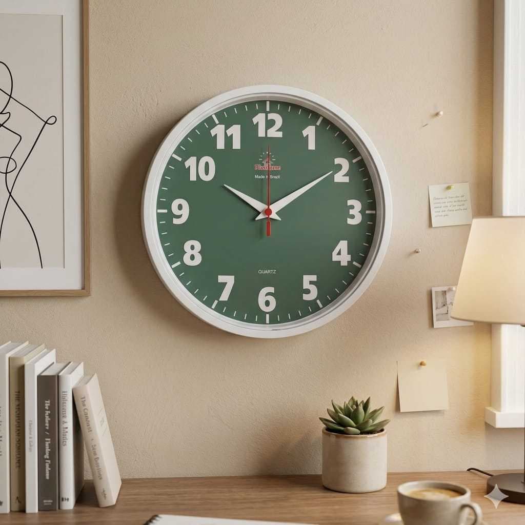 Relógio De Parede Grande Plashome Kappa Classico Branco Verde 28 Cm Sala Cozinha Escritório Consultório e Decoração