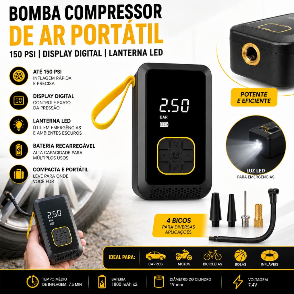 Bomba de Ar Portátil Compressor Digital 150 PSI Pneu Carro Moto Bike Com Lanterna LED Sem Fio