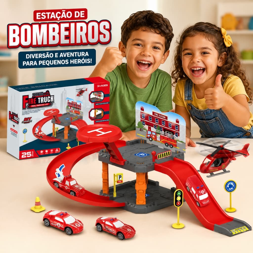 Estação de Bombeiros com Pista e Carrinhos Infantil