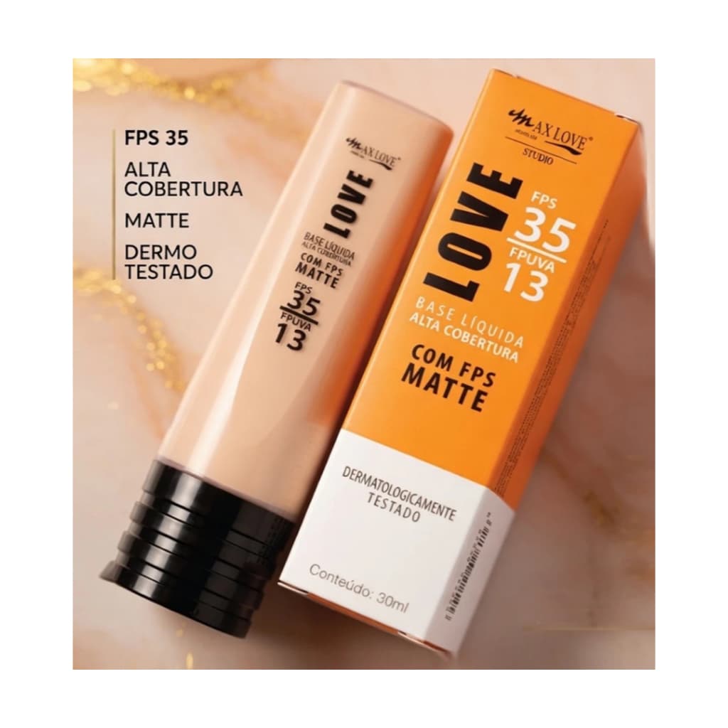 Base Líquida Matte Alta Cobertura FPS 35 Max Love Pele Impecável, Sequinha e Protegida Cores   50 a 55