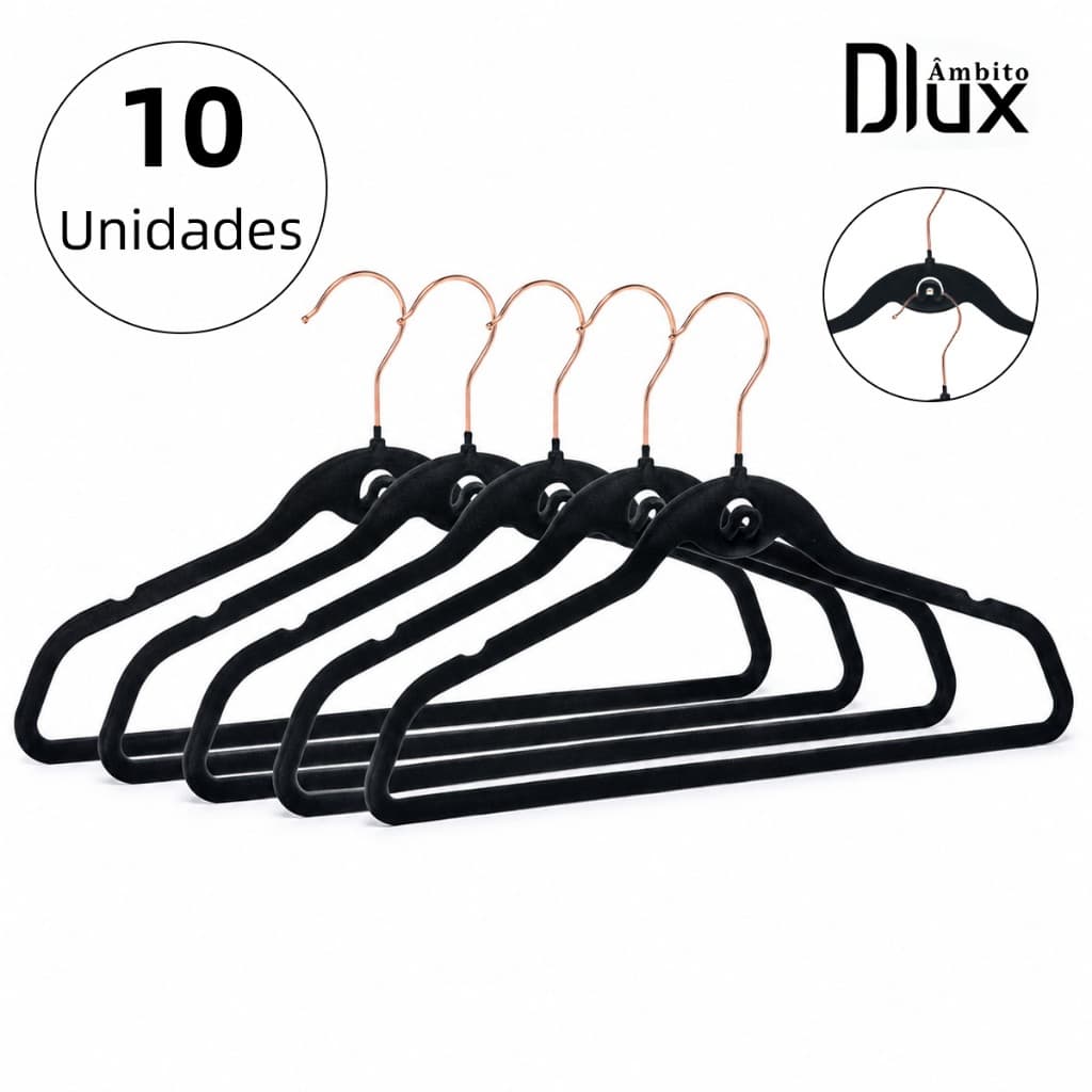Kit 10 Cabides Slim Preto Veludo Gancho Cromado Alta Qualidade