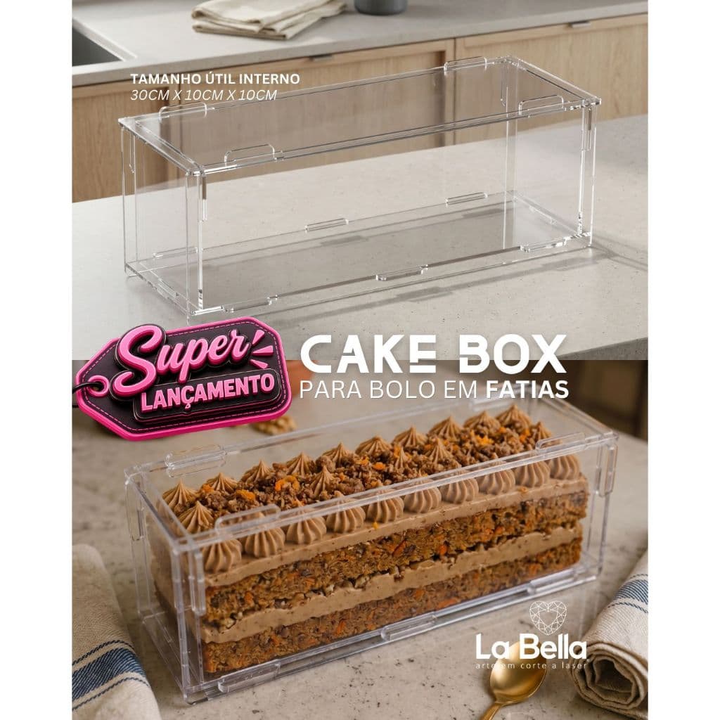 Cake Box 3L Para Bolo em Fatias Acrílico 3mm Desmontável 30x10x10cm com Espátula