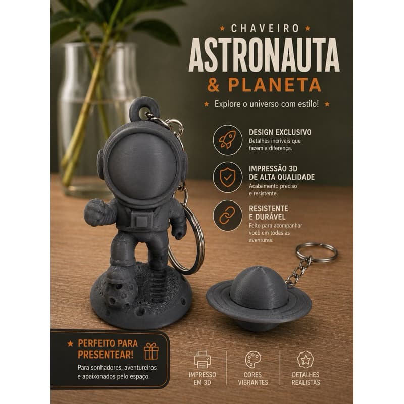 Kit Chaveiros Colecionáveis Astronauta Pagada na Lua e Planeta Saturno Geek Espaço Decorativo 3D