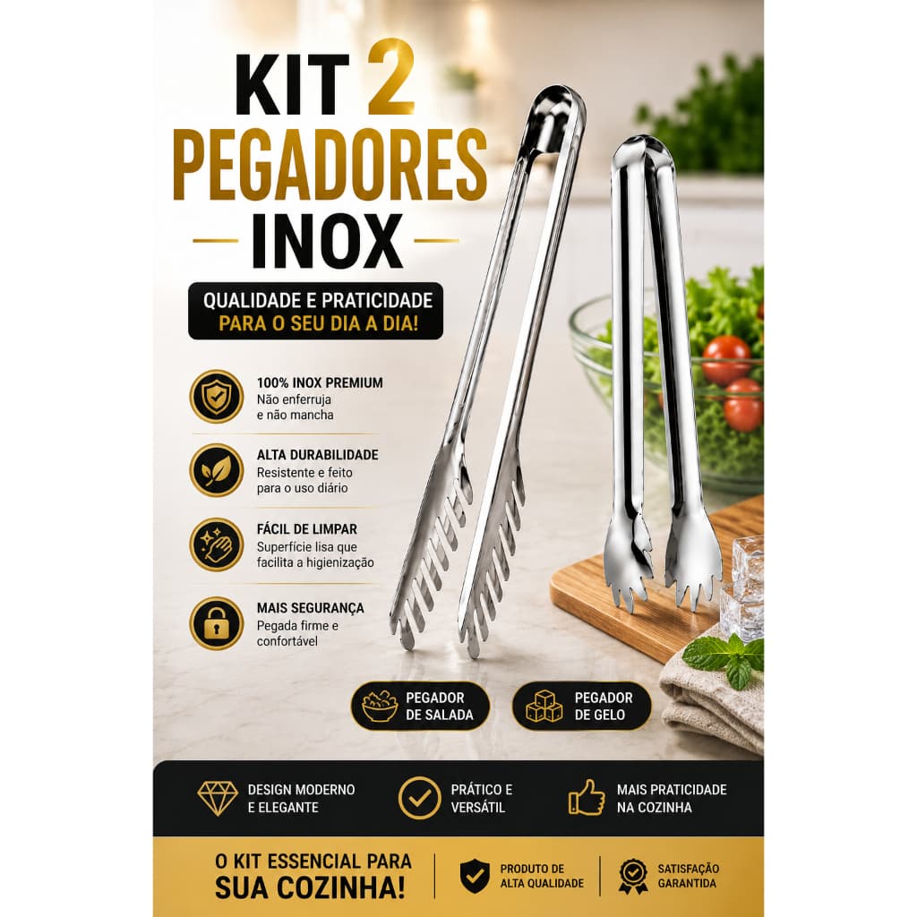 Kit 2 Pegadores Inox Pegador de Salada Massas e Pegador de gelo Cozinha Premium Resistente Prático