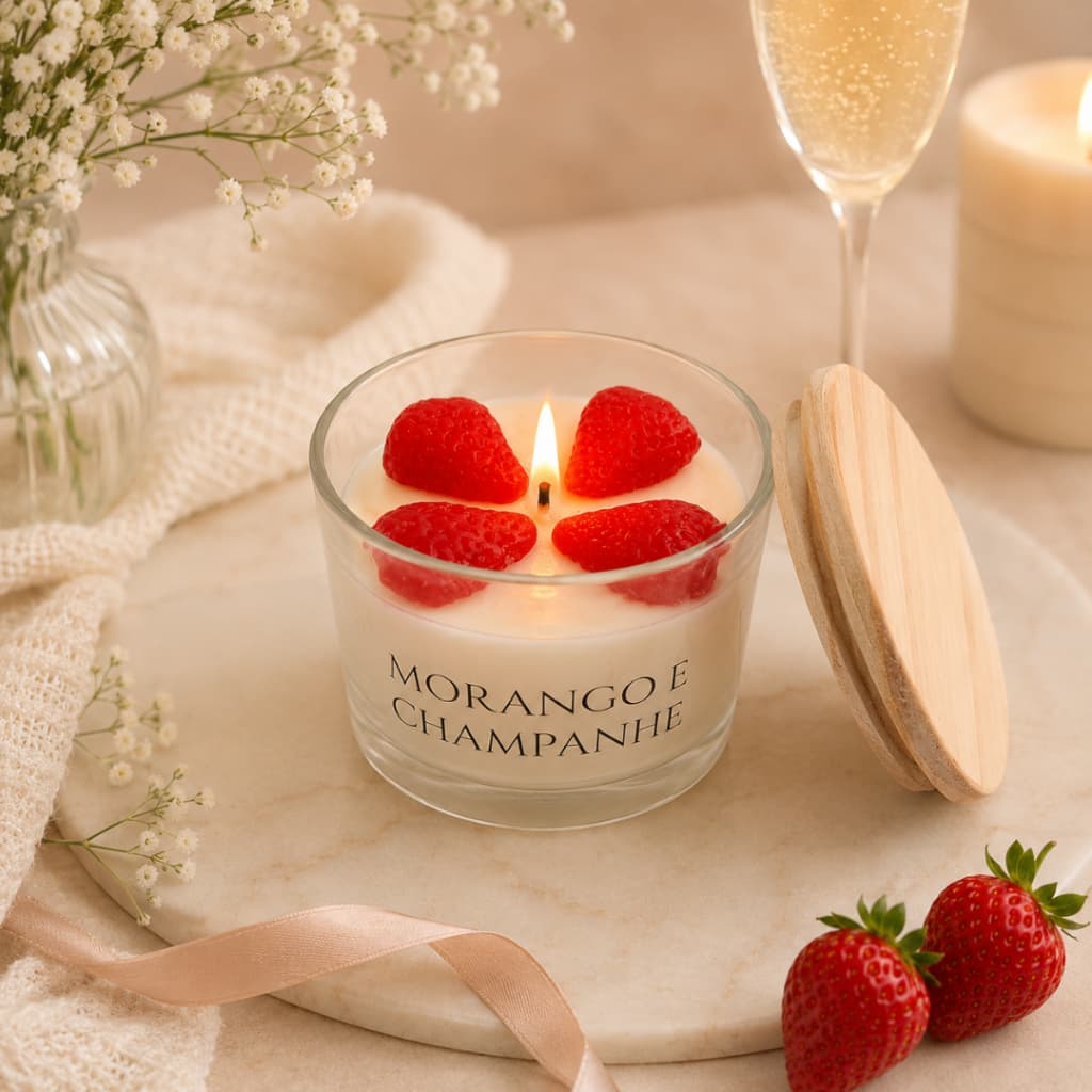 Vela Perfumada Premium Morango e Champanhe 110g Pote Vidro Tampa Madeira
