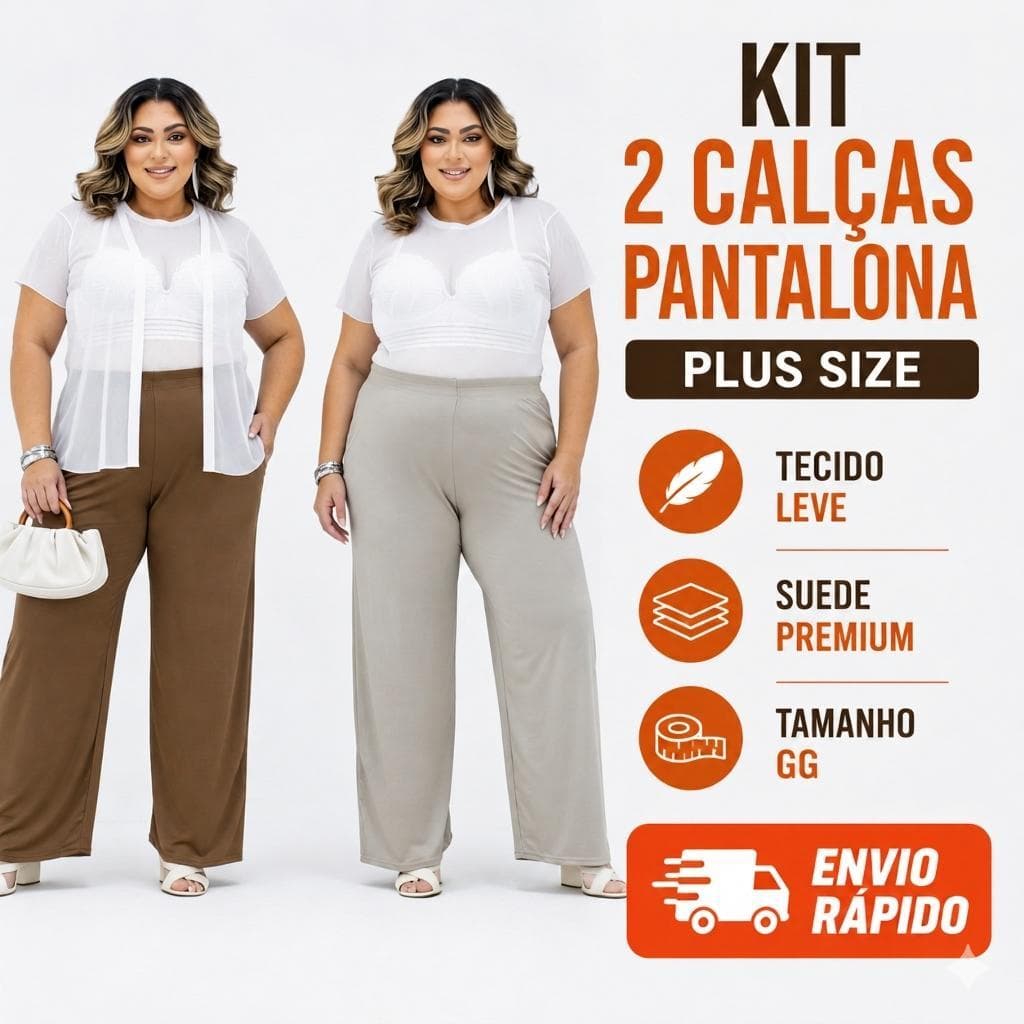 Kit 2 Calças Pantalona Plus Size Feminina Suede Premium Cintura Alta Confortável GG 44/46
