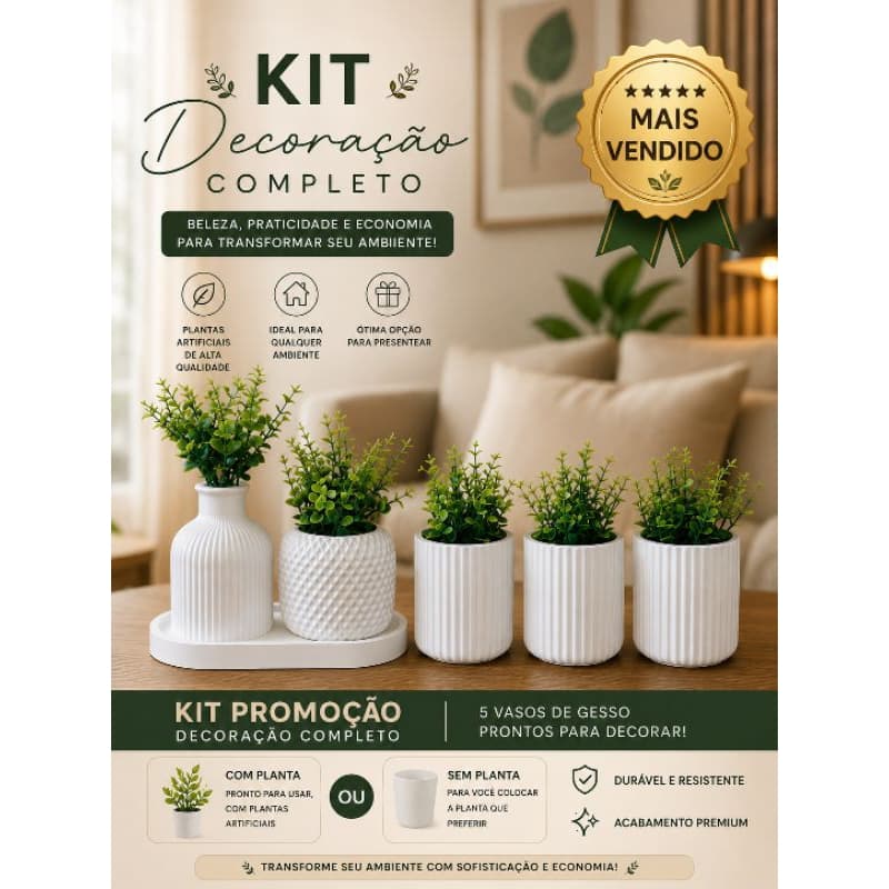 KIT DECORAÇÃO COMPLETO 5 VASOS DECORATIVOS + 1 BANDEJA DE GESSO, Com ou Sem Planta Transforme Seu Ambiente com Elegância