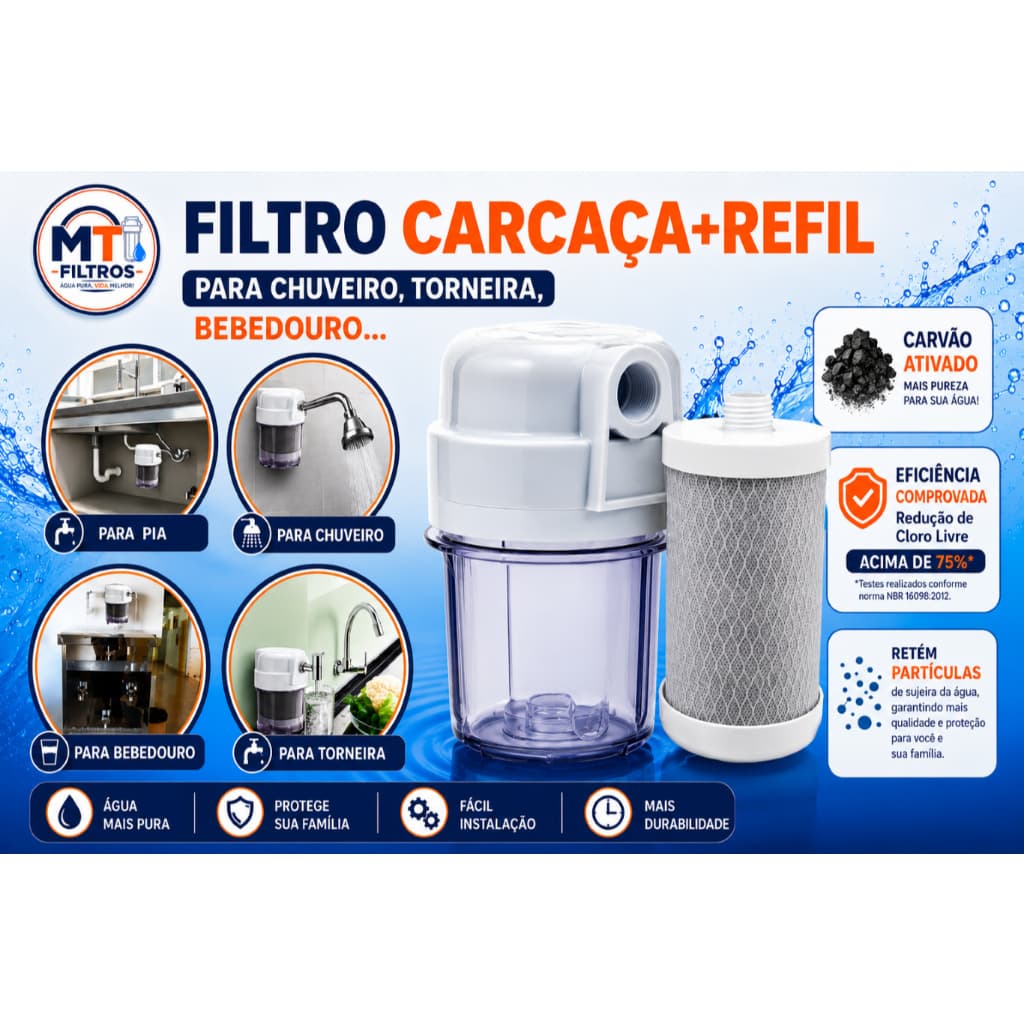 Filtro de Água para Retenção de Cloro com Carvão Ativado. CARCAÇA+REFIL CARBON BLOCK. Remove Cloro
