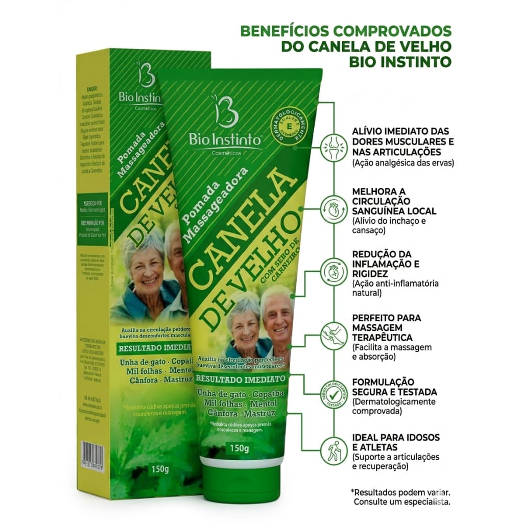 Pomada Massageadora Canela de Velho Bio Instinto 150g – Alívio Imediato de Dores Musculares e Articulares (Com Sebo de C